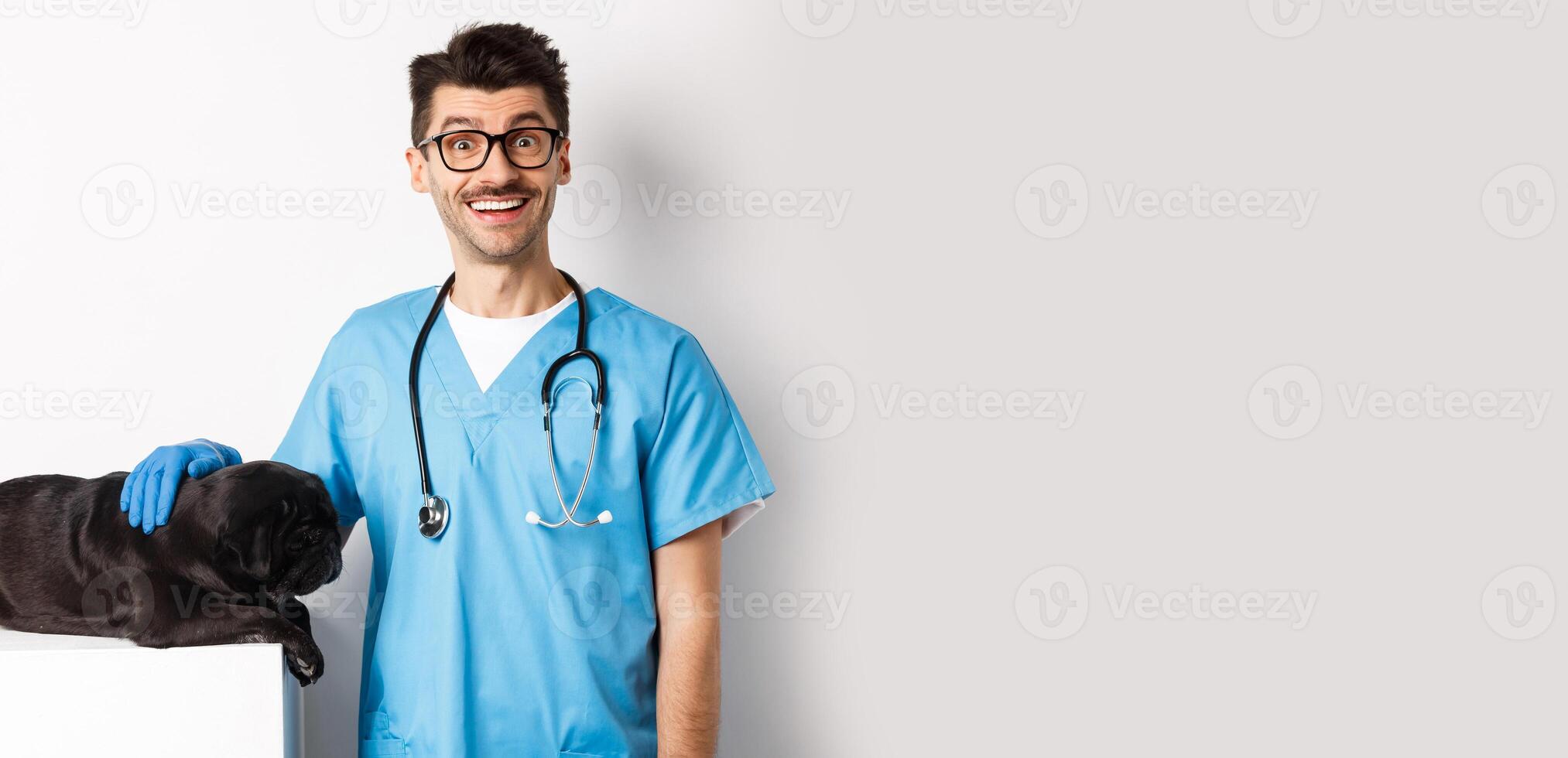 Handsome smiling vet doctor petting cute small dog pug and looking happy at camera, examining puppy at veterinary clinic, standing over white background photo