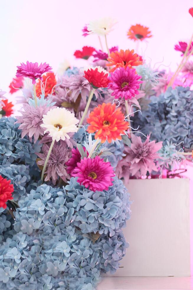 the beauty of stacked flower decorations for a modern Javanese traditional bridal pre-wedding concept indoor studio for advertising, romance, beauty, fashion, art and reference content photo
