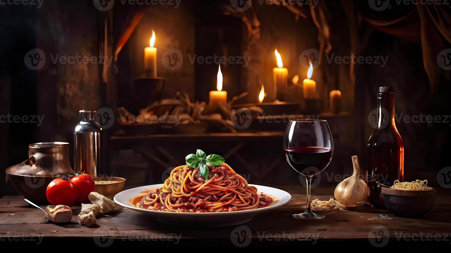 spaghetti bolognese with cheese and red wine on the table photo