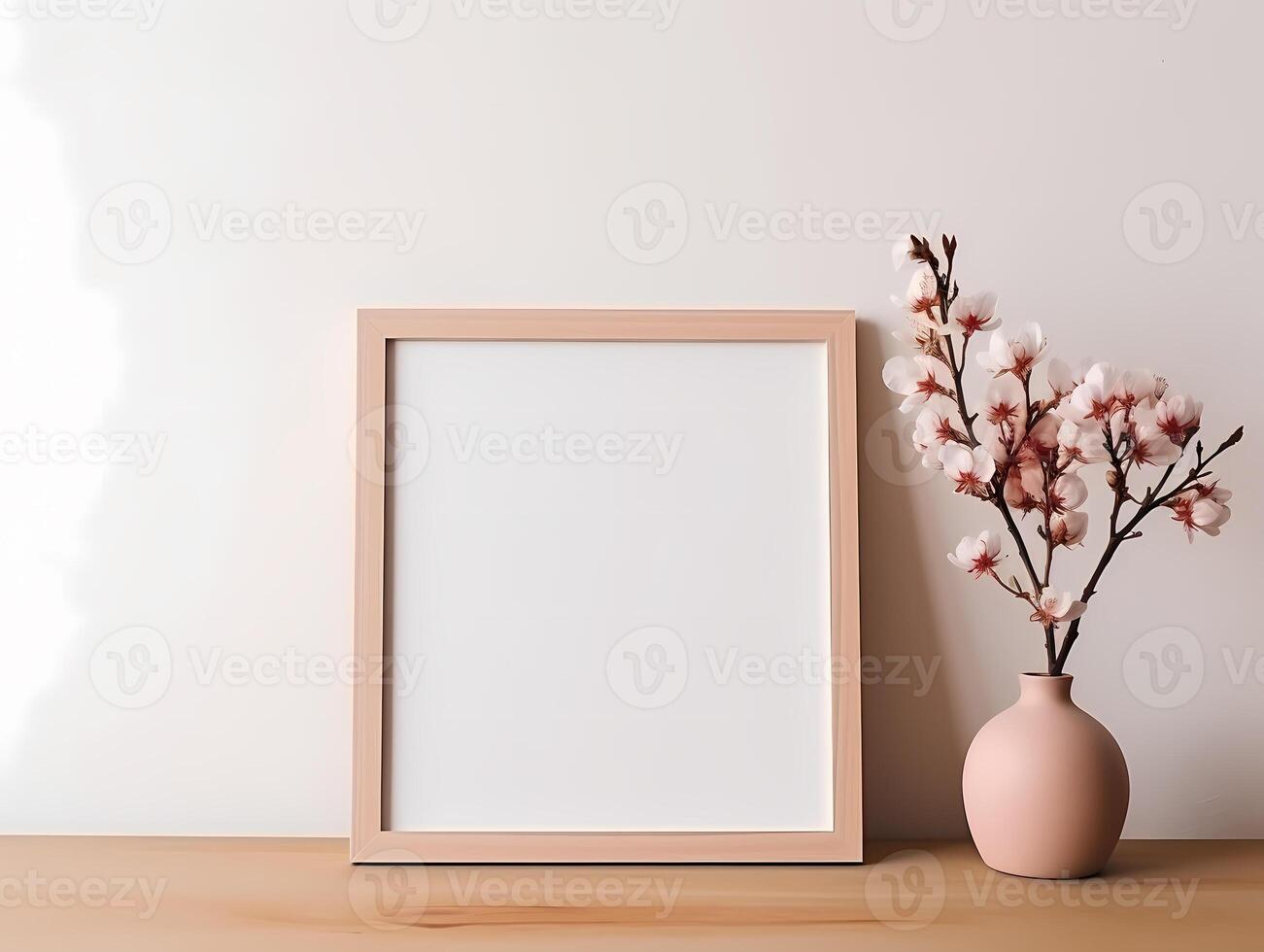 Minimalist wooden frame with a vase of cherry blossoms on a wooden table against a white wall. photo