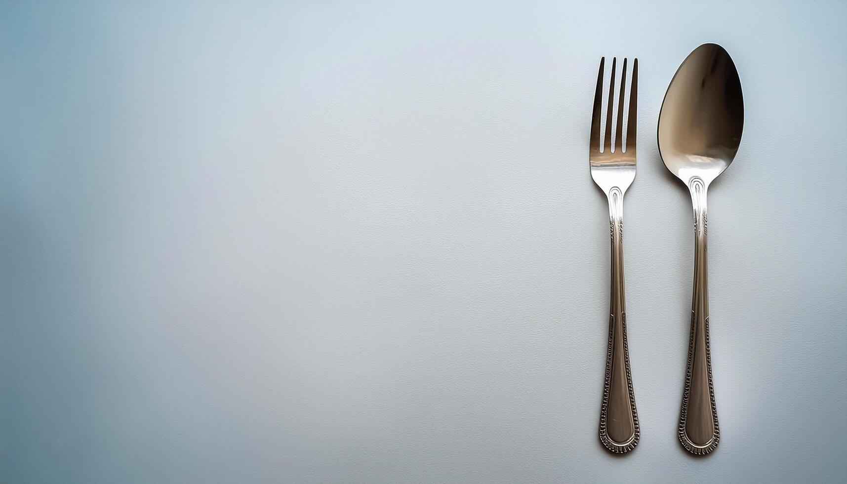 spoon and fork kept on white background. ready to eat concept. flat lay background concept photo