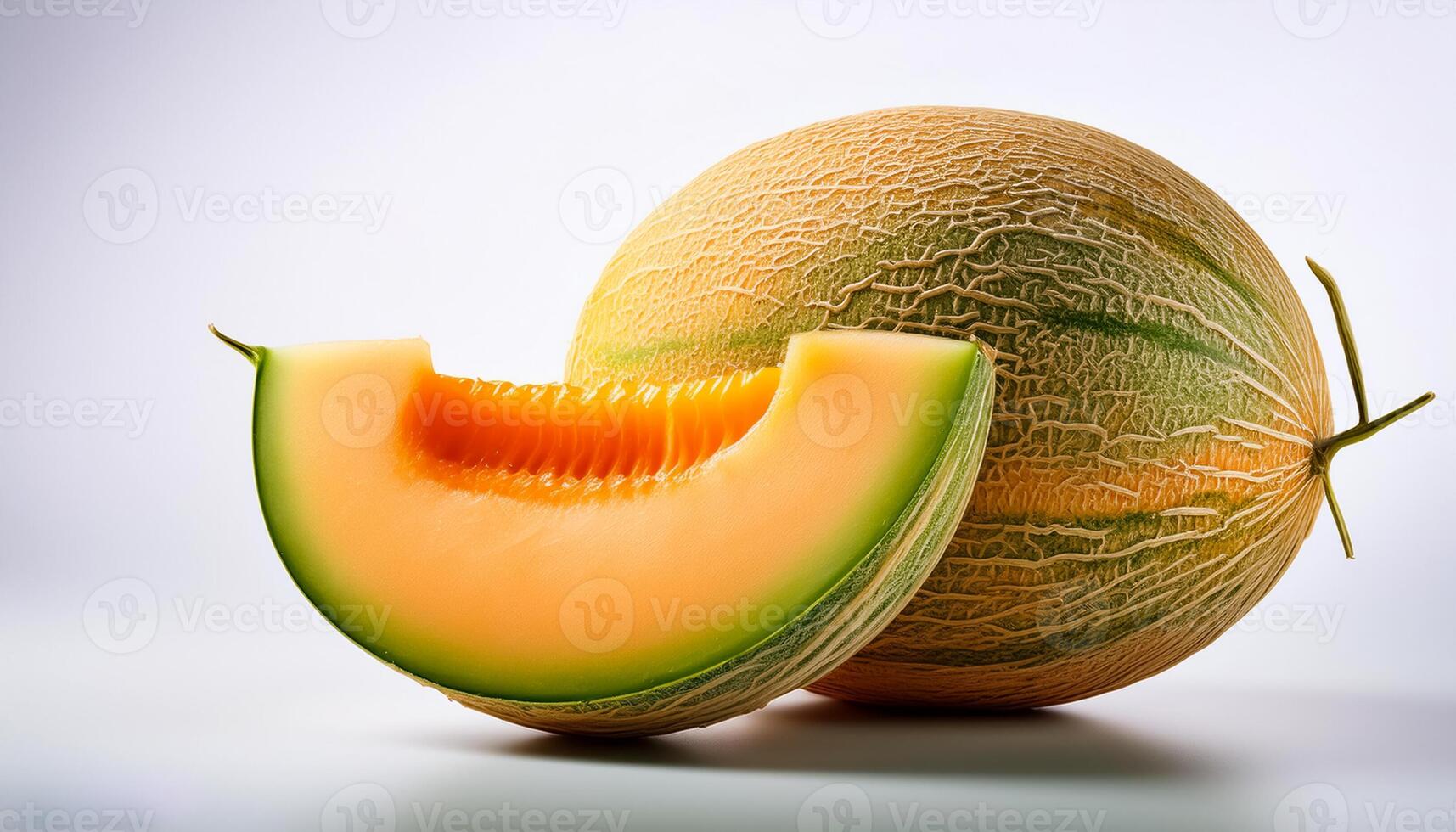 A close-up photo of a ripe melon with slices isolated on a white background.