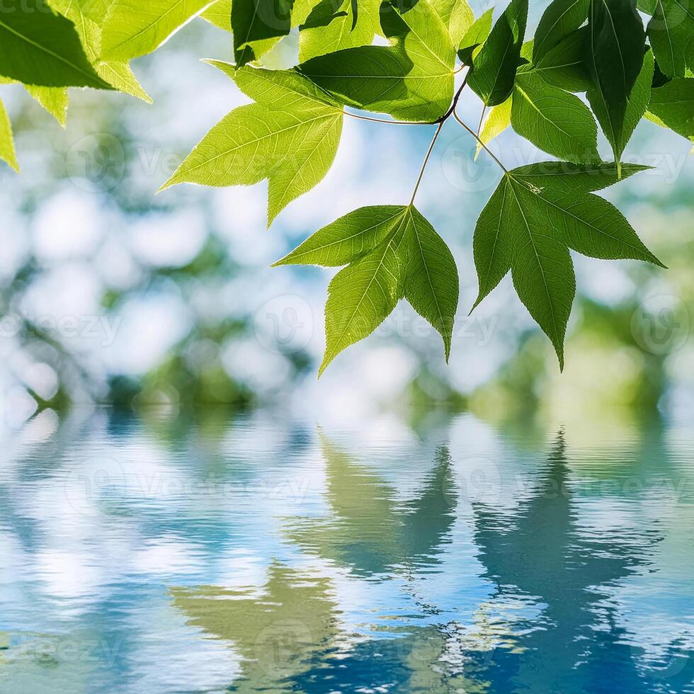 green leaves reflecting in the water photo