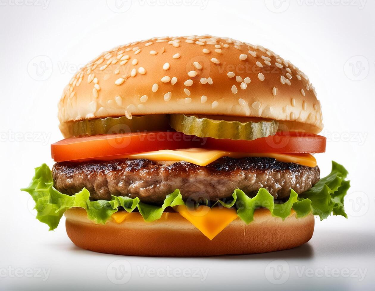 Juicy Single Hamburger isolated on white background photo