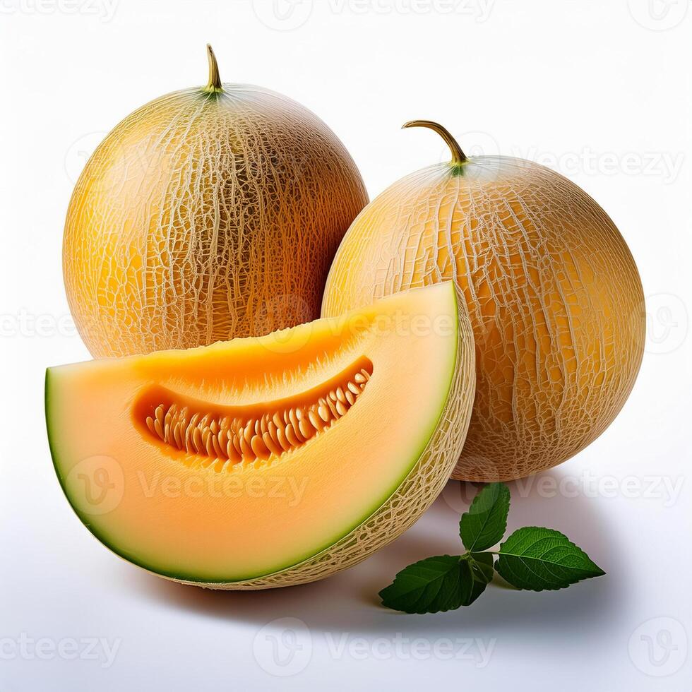 A close-up photo of a ripe melon with slices isolated on a white background.