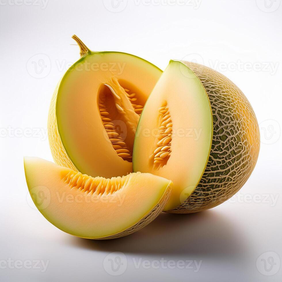 A close-up photo of a ripe melon with slices isolated on a white background.