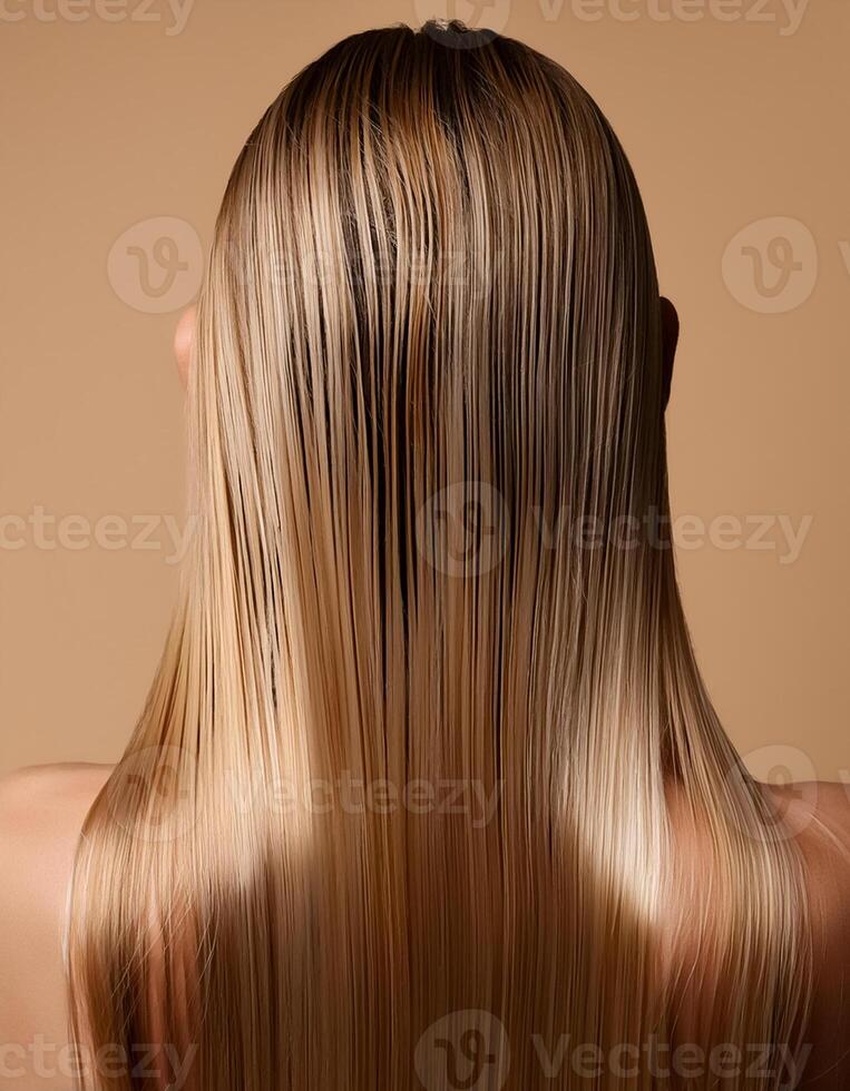 Young woman applying hair mask on beige background, back view photo