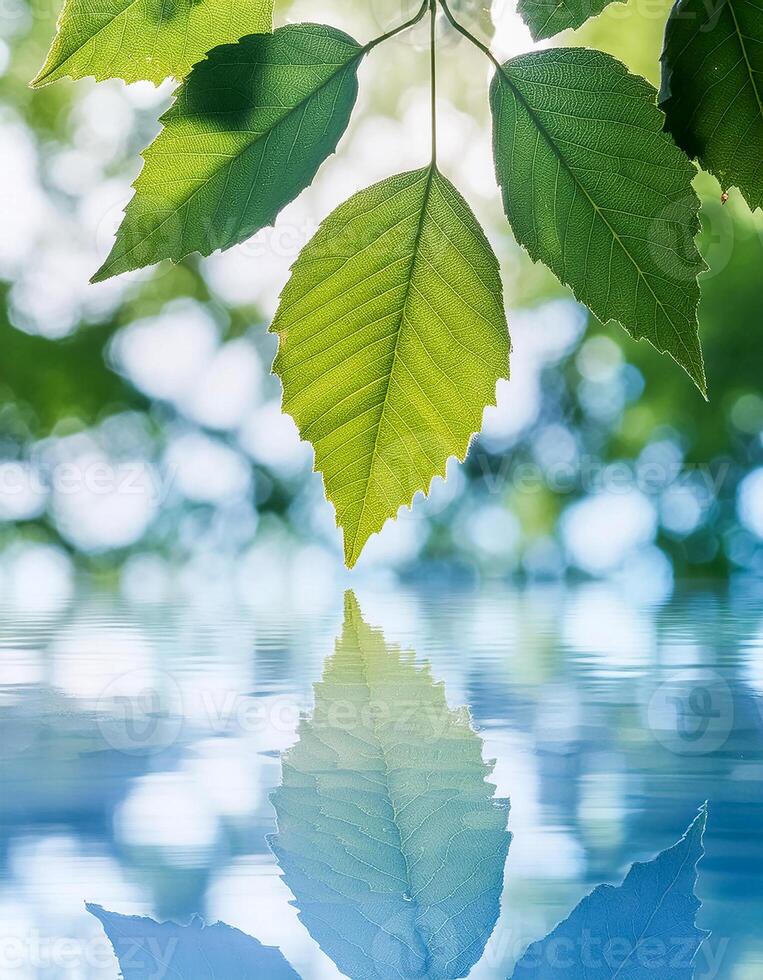green leaves reflecting in the water photo
