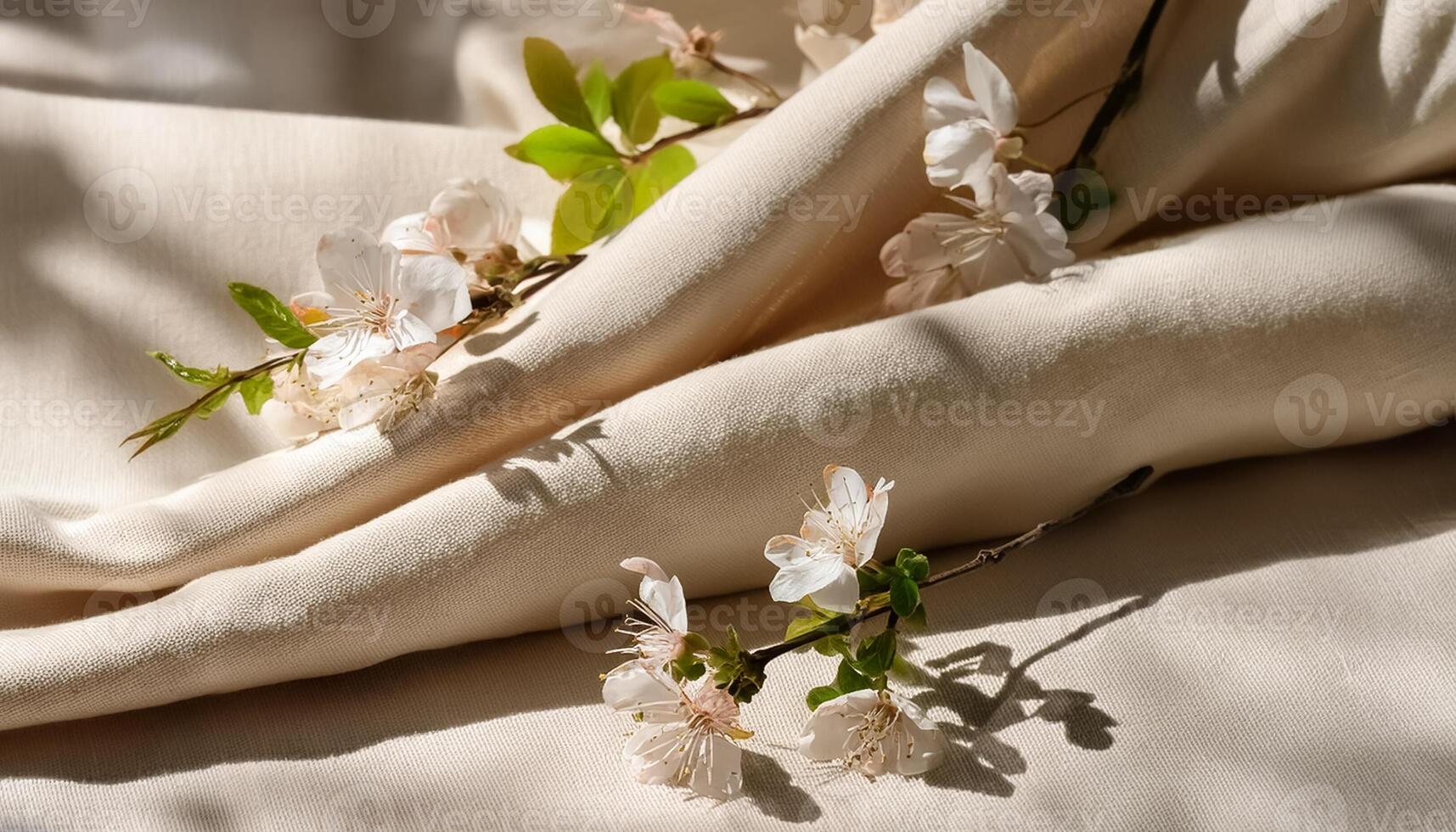 Beige linen fabric texture with folds and a natural floral sunlight shadows, realistic texture. photo