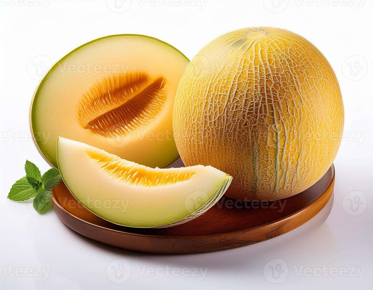 A close-up photo of a ripe melon with slices isolated on a white background.
