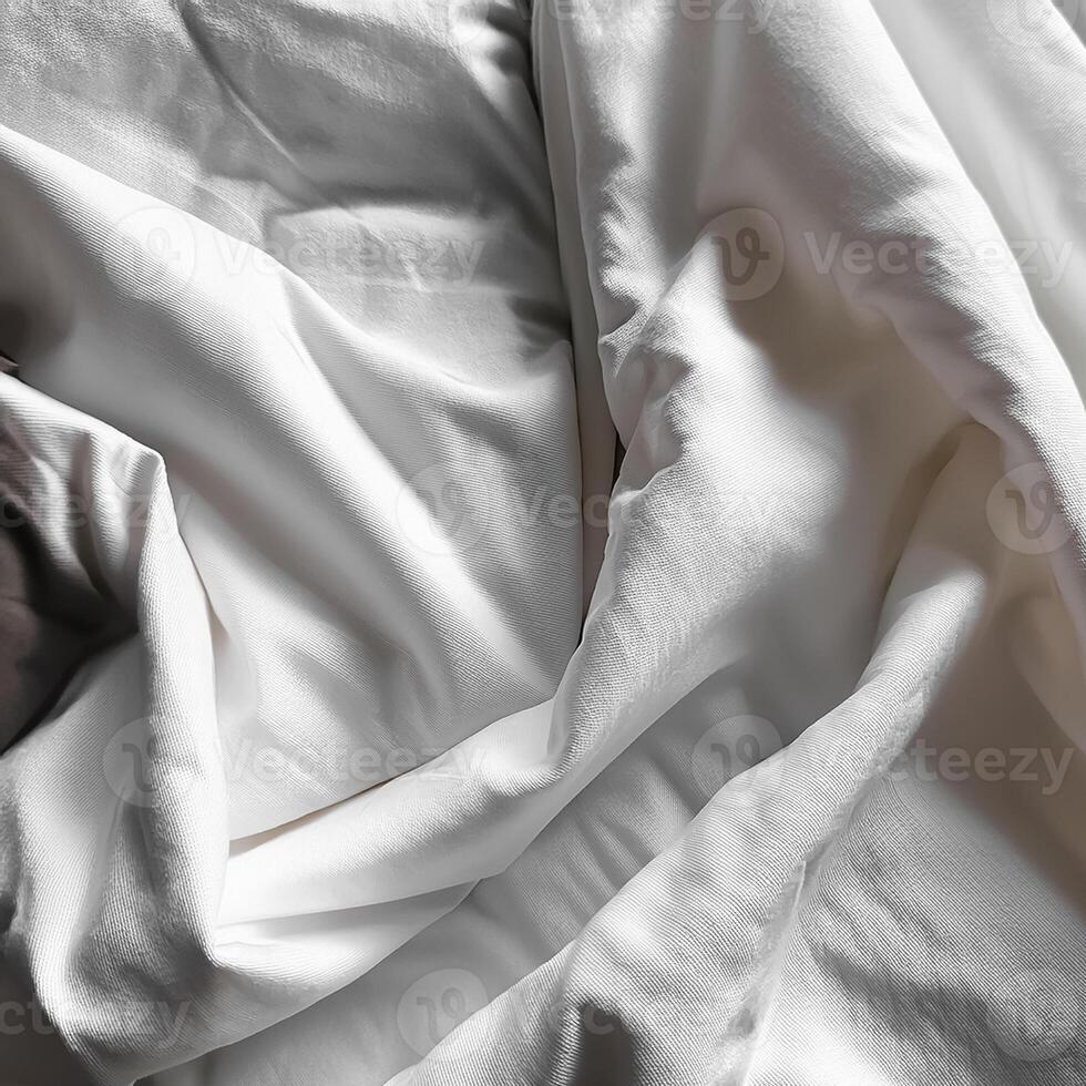 Background concept. Soft bed sheets that are still wrinkled after being used. The white bed sheets were crumpled and shabby. Pattern texture background. photo