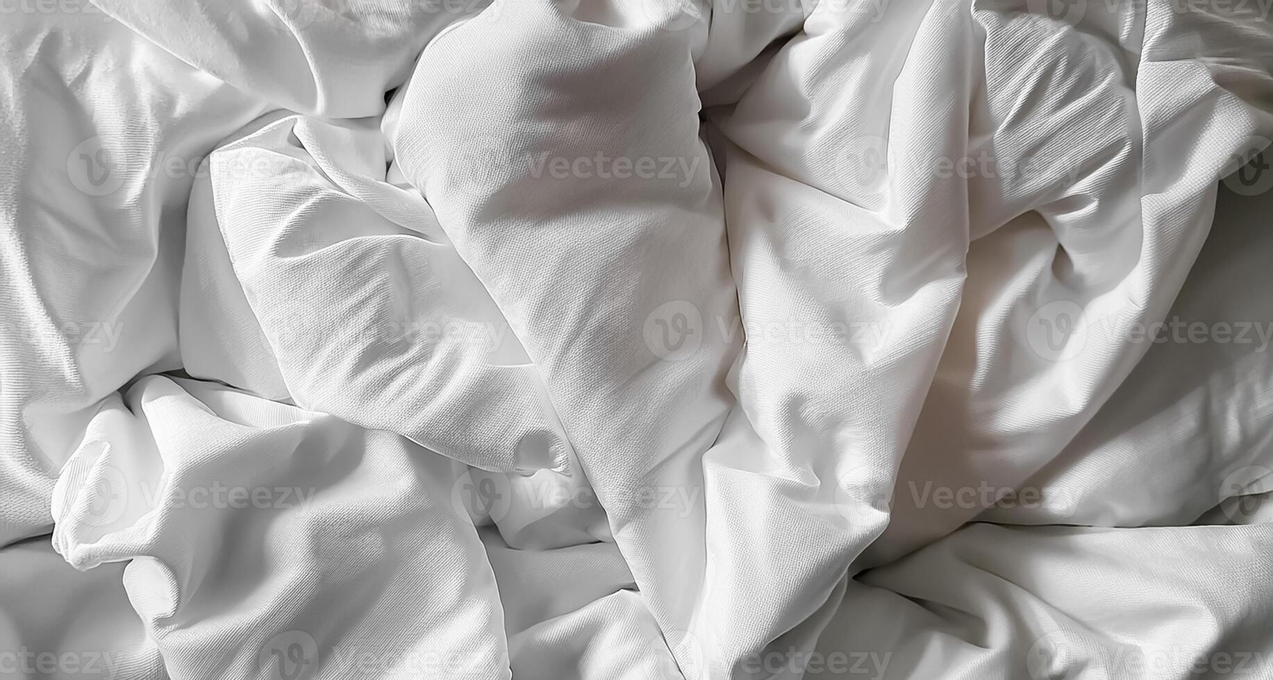 Background concept. Soft bed sheets that are still wrinkled after being used. The white bed sheets were crumpled and shabby. Pattern texture background. photo