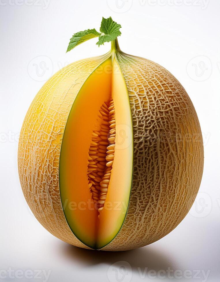 A close-up photo of a ripe melon with slices isolated on a white background.