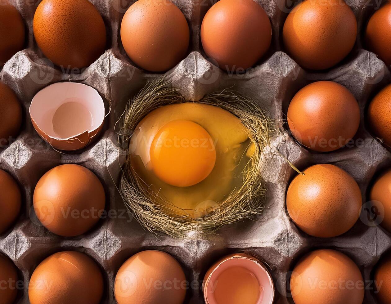photo pallet with eggs and raw broken egg with yolk. Pattern texture background