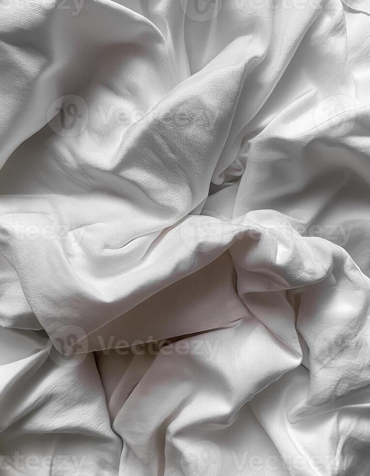 Background concept. Soft bed sheets that are still wrinkled after being used. The white bed sheets were crumpled and shabby. Pattern texture background. photo