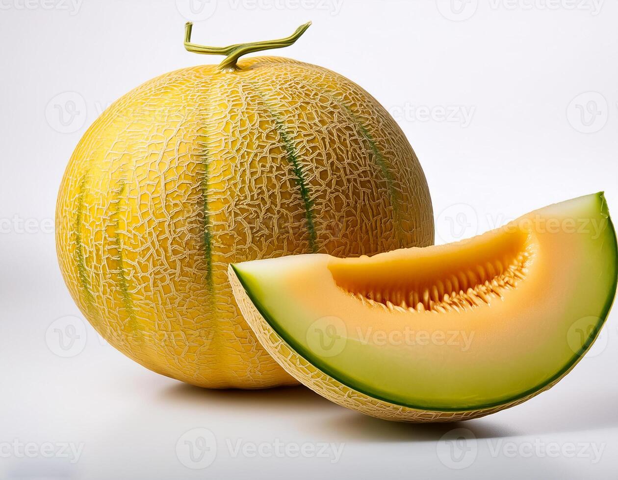 A close-up photo of a ripe melon with slices isolated on a white background.
