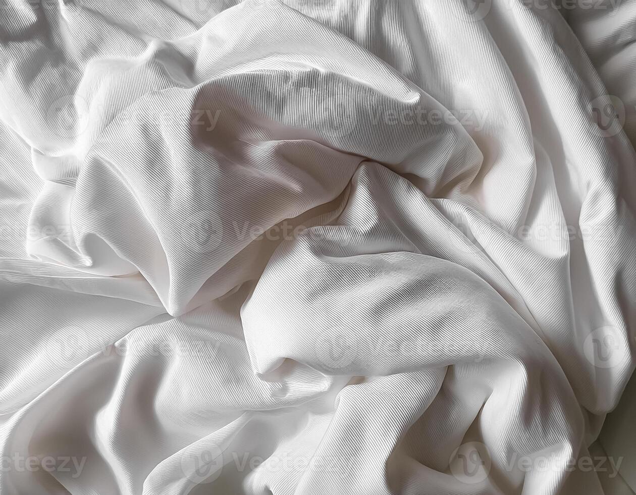 Background concept. Soft bed sheets that are still wrinkled after being used. The white bed sheets were crumpled and shabby. Pattern texture background. photo