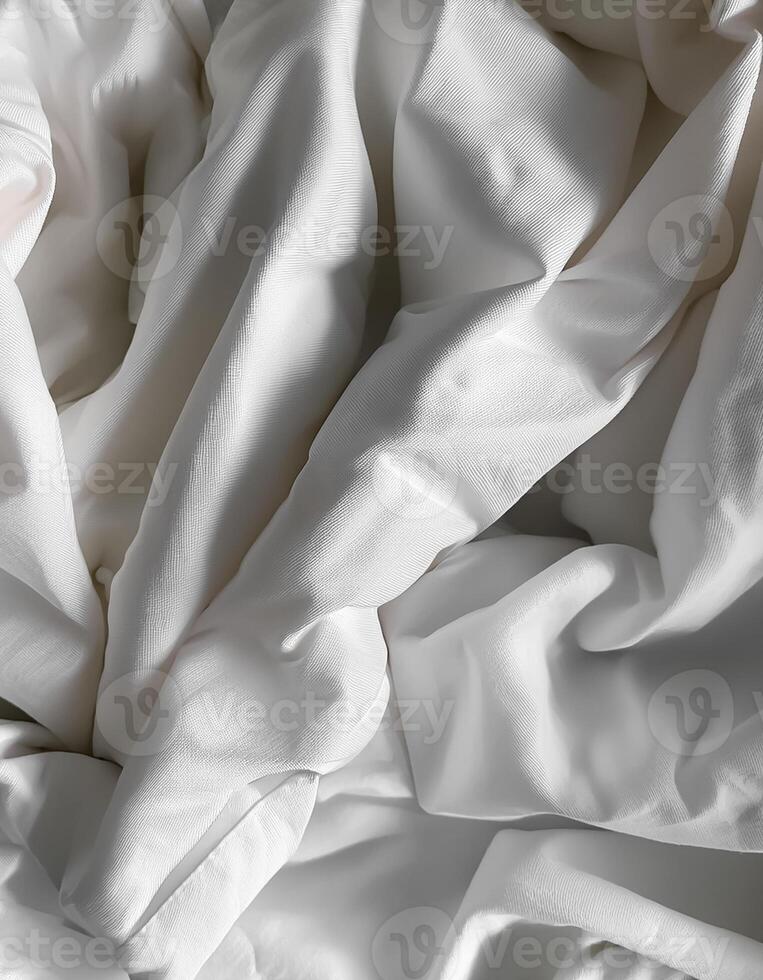 Background concept. Soft bed sheets that are still wrinkled after being used. The white bed sheets were crumpled and shabby. Pattern texture background. photo