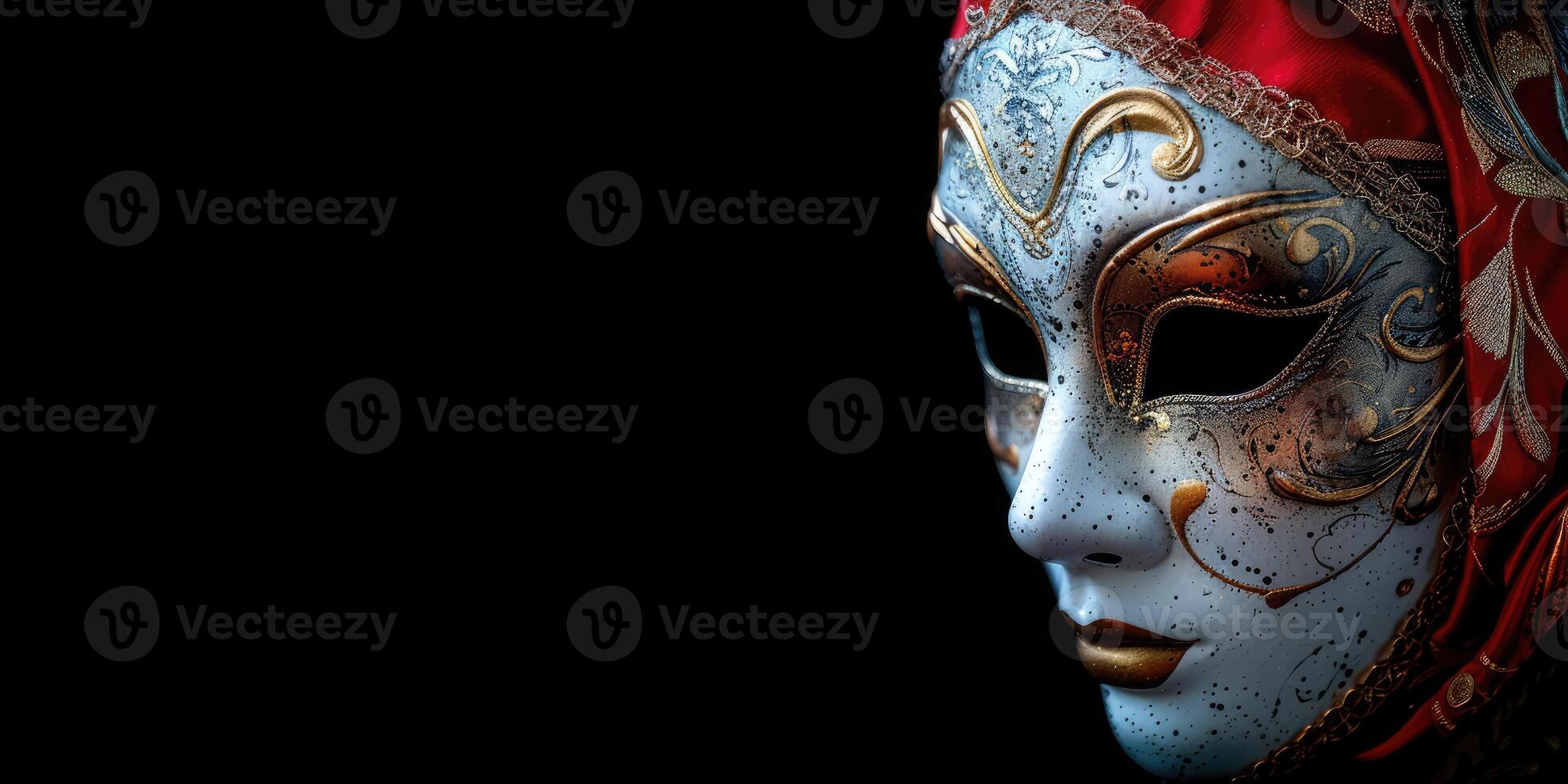 top view beautiful carnival mask, venetian mask in the corner side isolated black background copy space photo