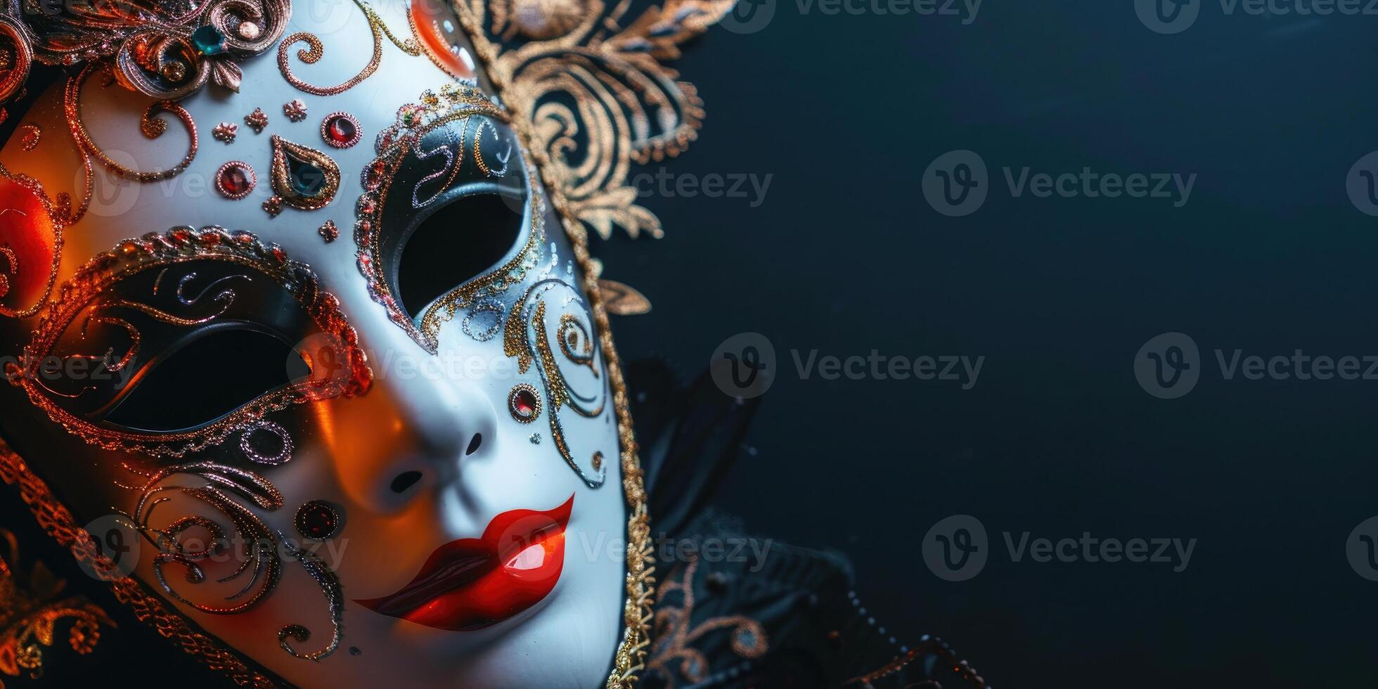 top view beautiful carnival mask, venetian mask in the corner side isolated black background copy space photo