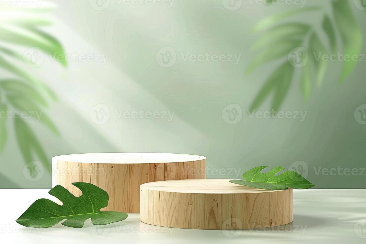 Round wooden product podium with green leaf photo