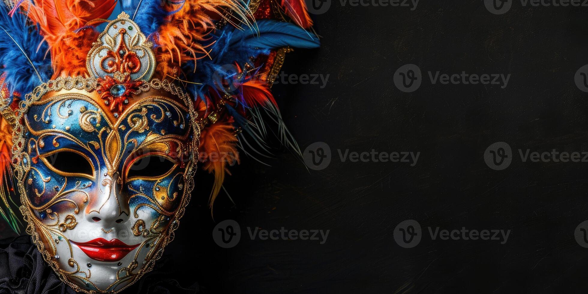 top view beautiful carnival mask, venetian mask in the corner side isolated black background copy space photo