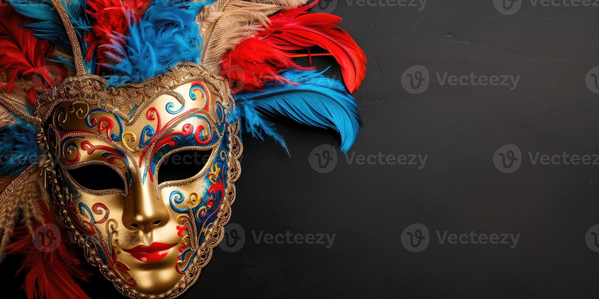 top view beautiful carnival mask, venetian mask in the corner side isolated black background copy space photo