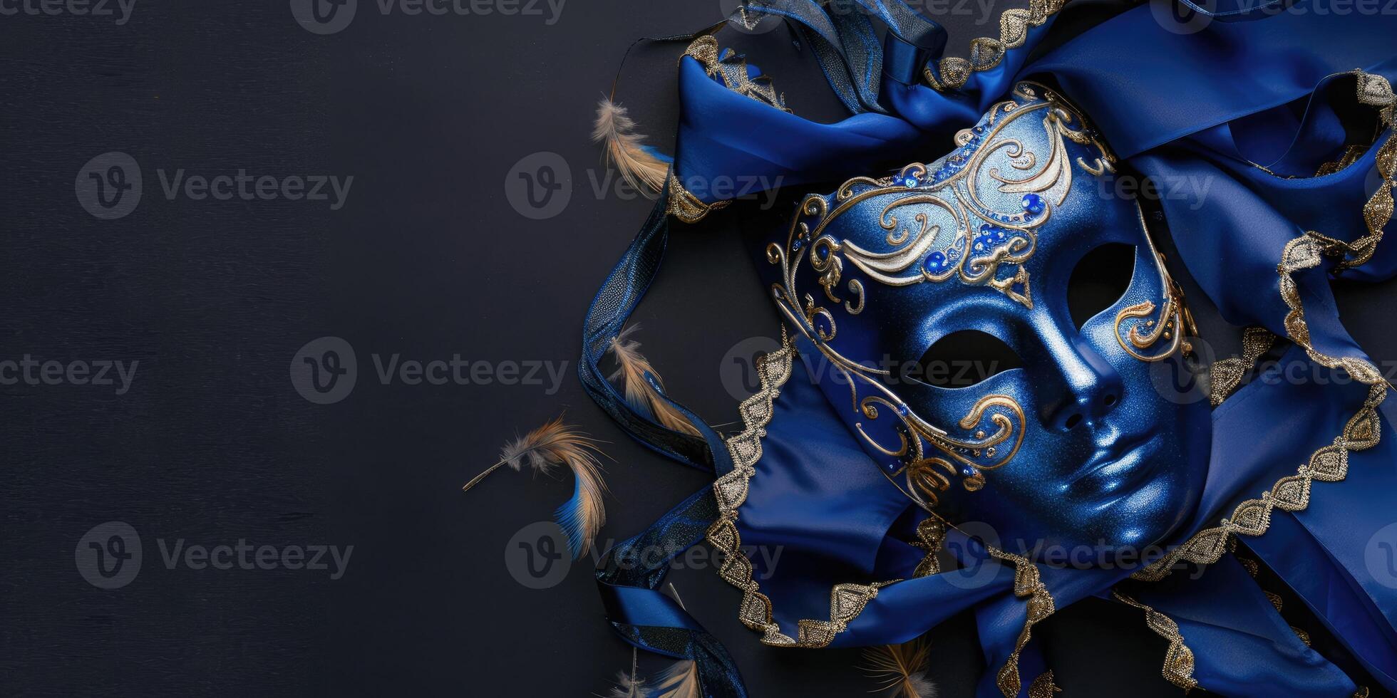 top view beautiful carnival mask, venetian mask in the corner side isolated black background copy space photo