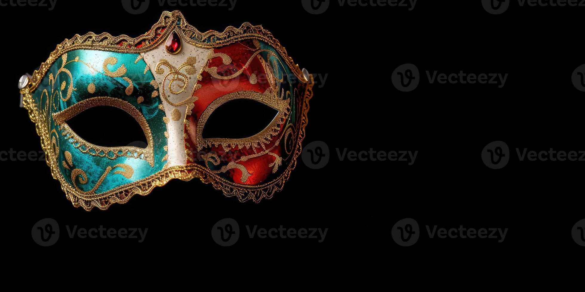 top view beautiful carnival mask, venetian mask in the corner side isolated black background copy space photo