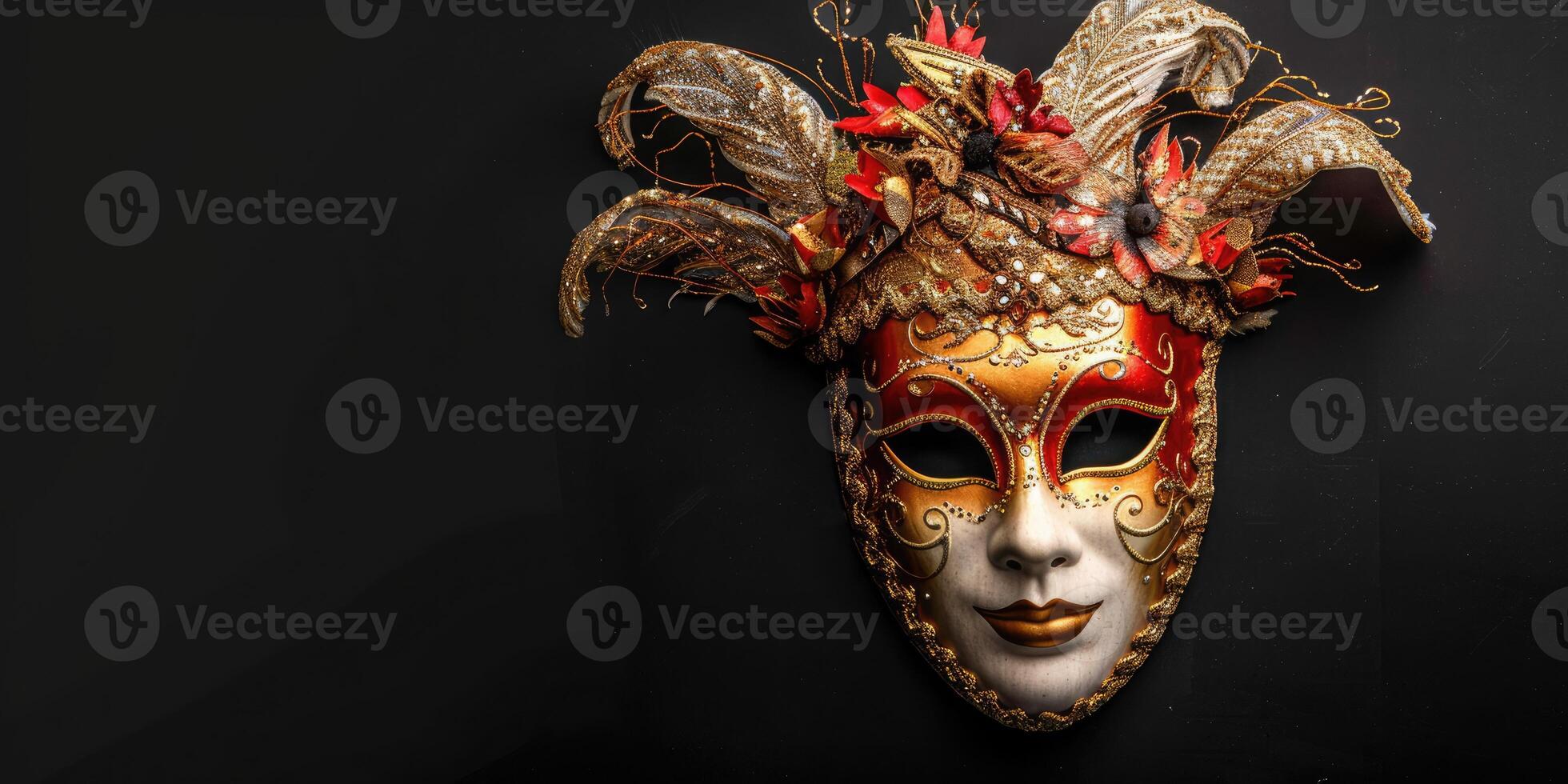 top view beautiful carnival mask, venetian mask in the corner side isolated black background copy space photo