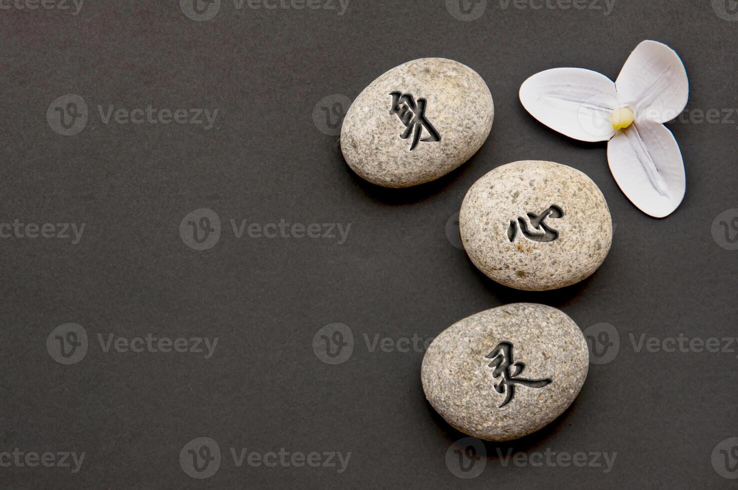 Top view of Chinese character representing body, mind and spirit text engraved on zen stones photo