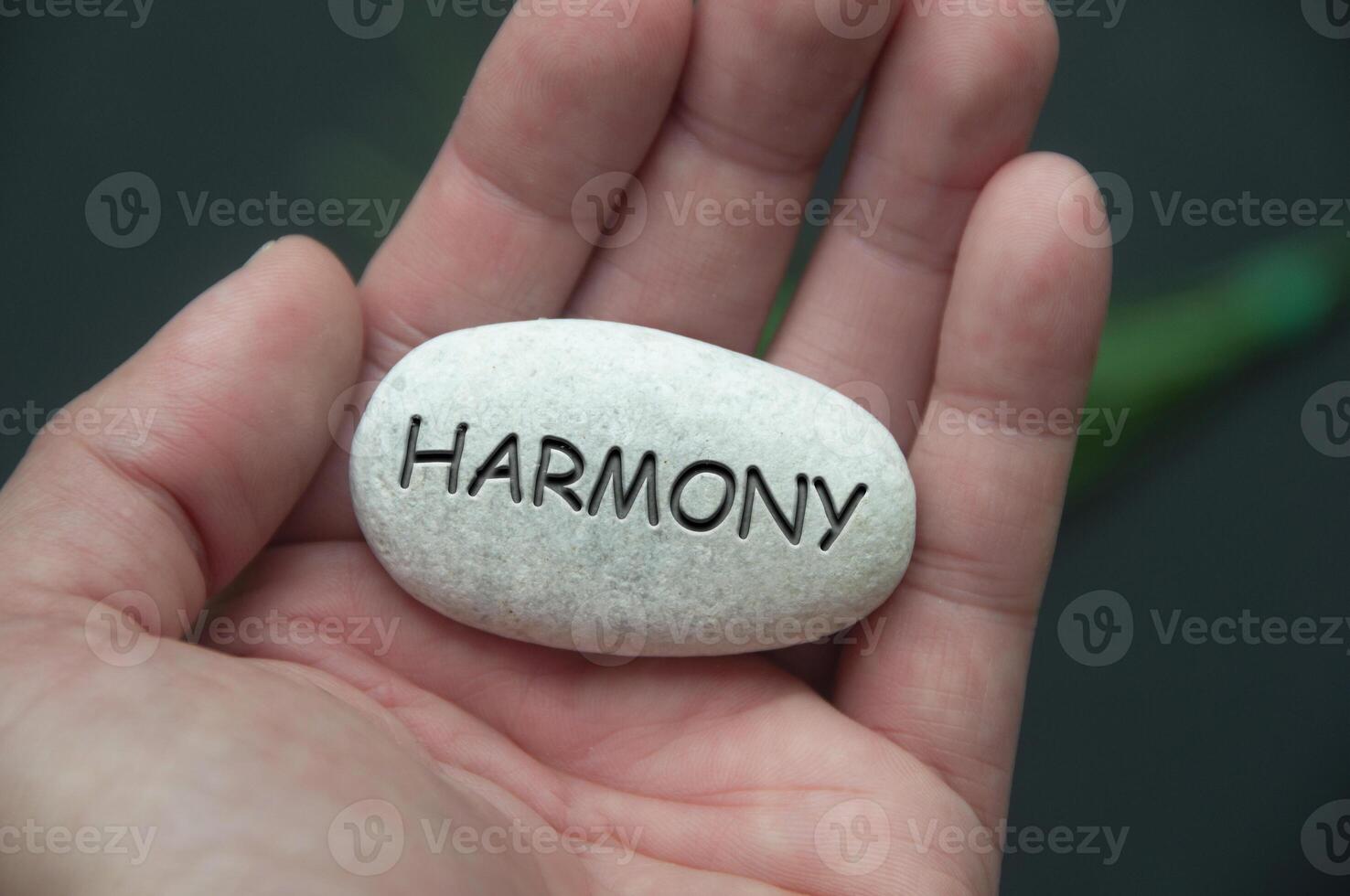 Harmon text engraved on zen stones with hand background. Living a peaceful and harmony life concept photo