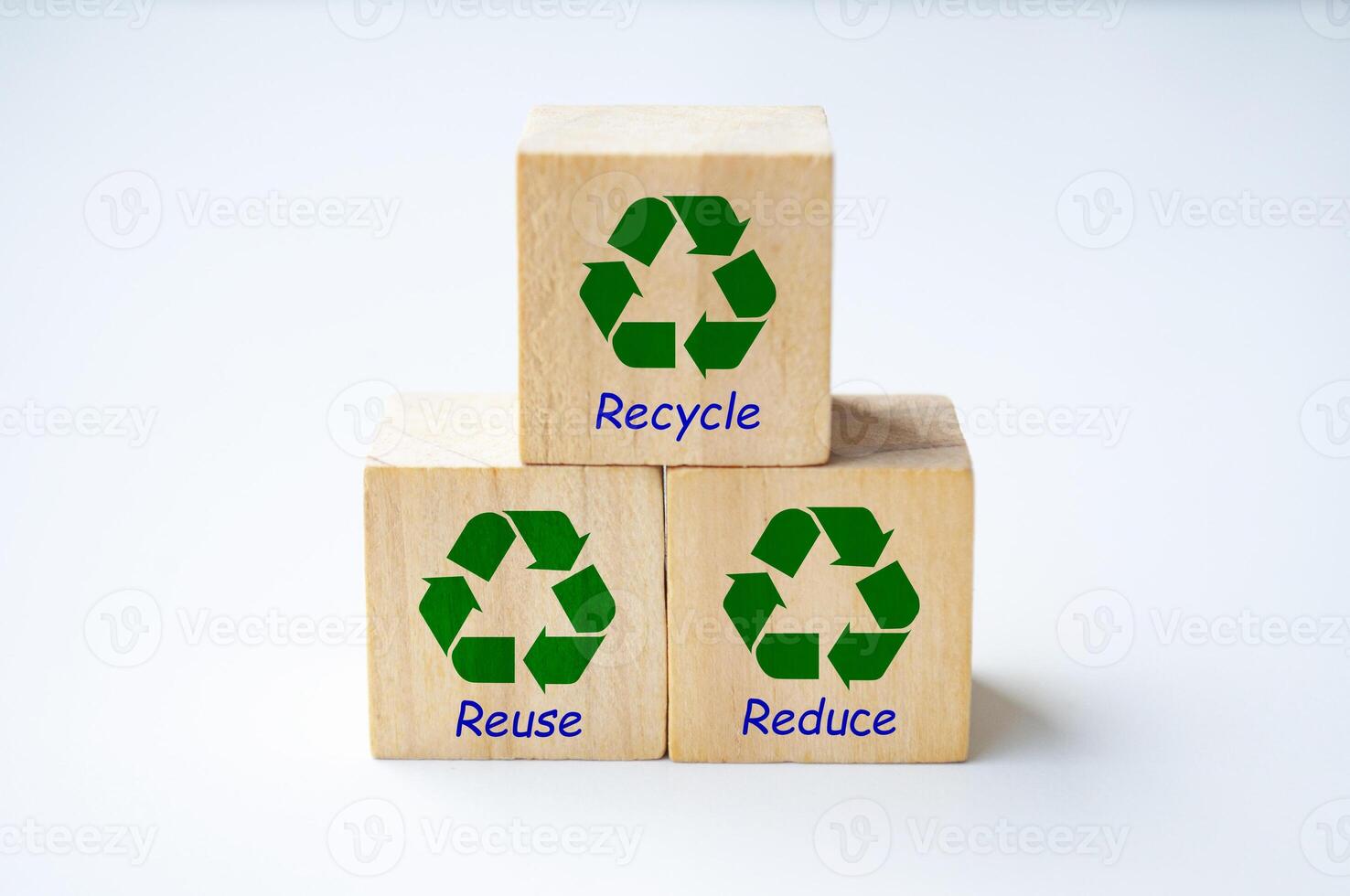 Recycle symbol on wooden cubes with text recycle, reuse and reduce with white cover background photo