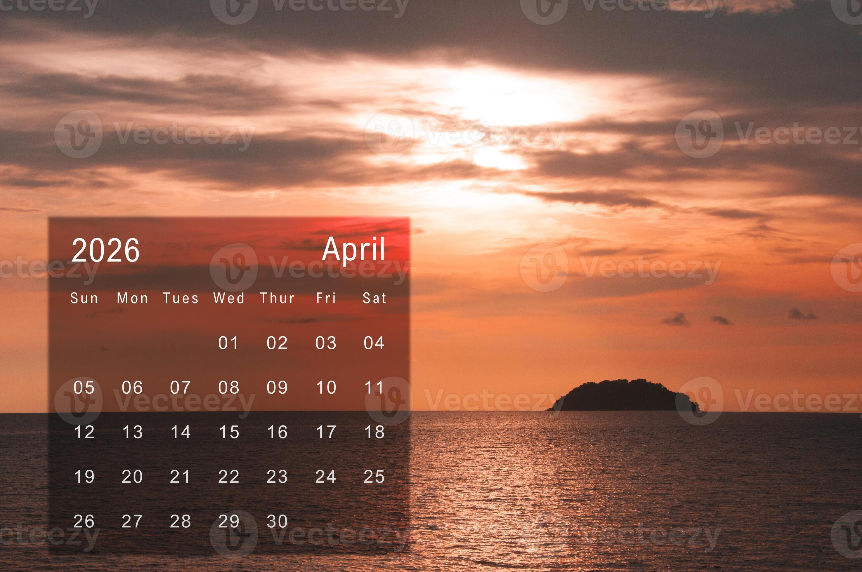 April 2026 calendar with wonderful sunset at beach 47986548 Stock Photo
