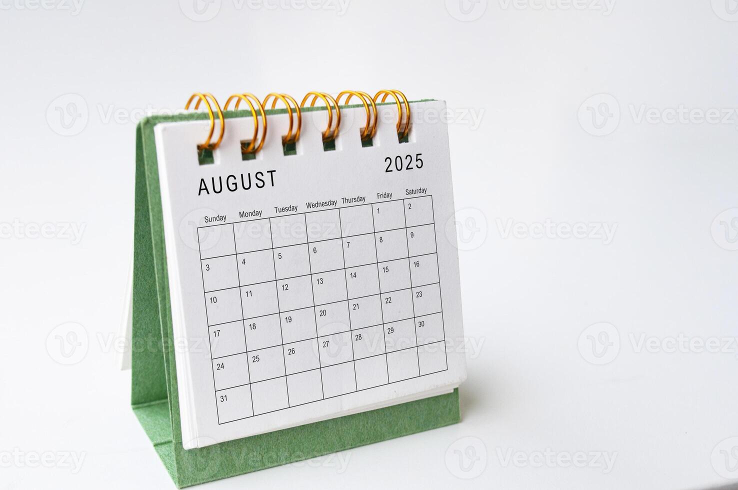 August 2025 table calendar on white background with customizable space for text photo