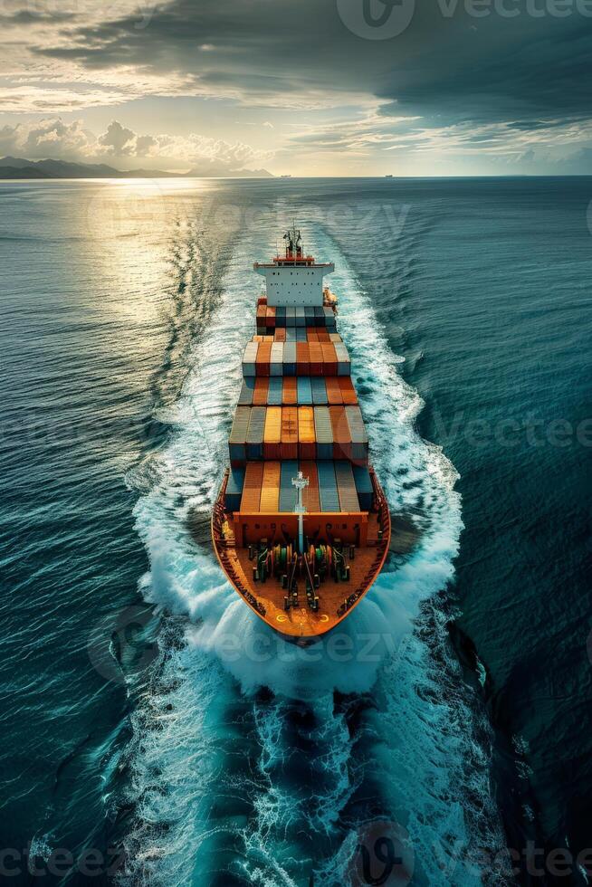 Aerial View of a Container Ship Sailing in the Ocean photo