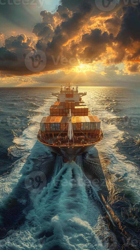 Container Ship Sailing in the Ocean at Sunset photo