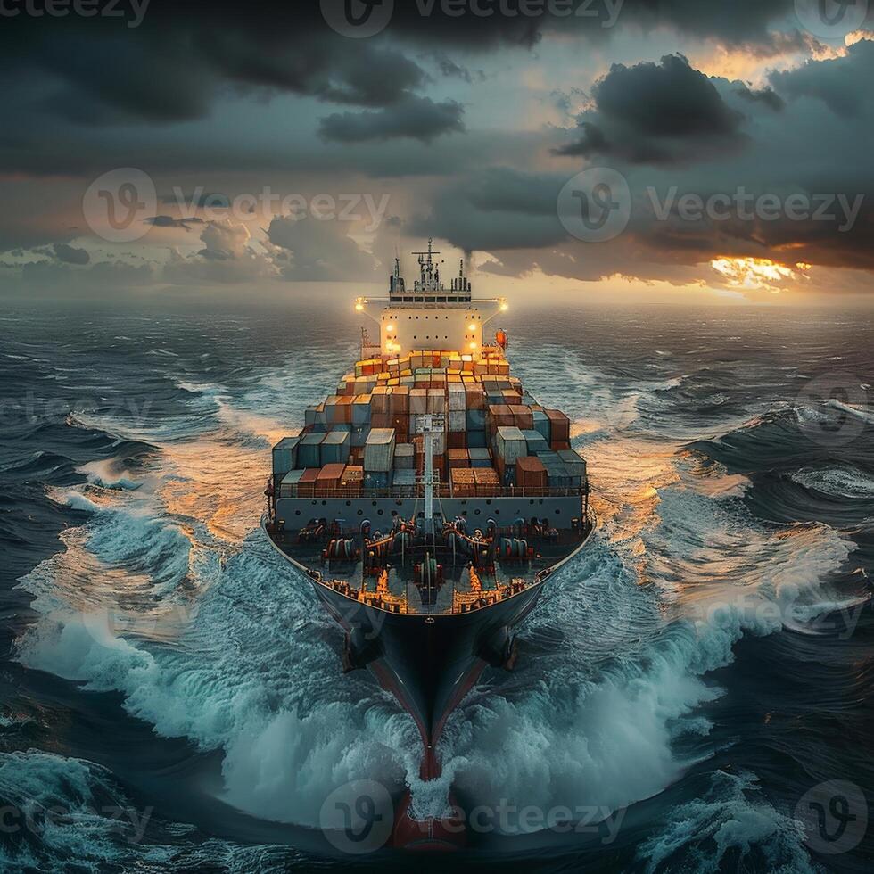 Container Ship Sailing in the Ocean at Sunset photo