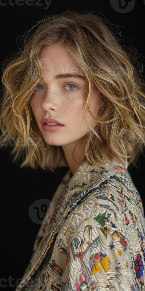 Woman With Blond Bob Posing Against Black Background photo