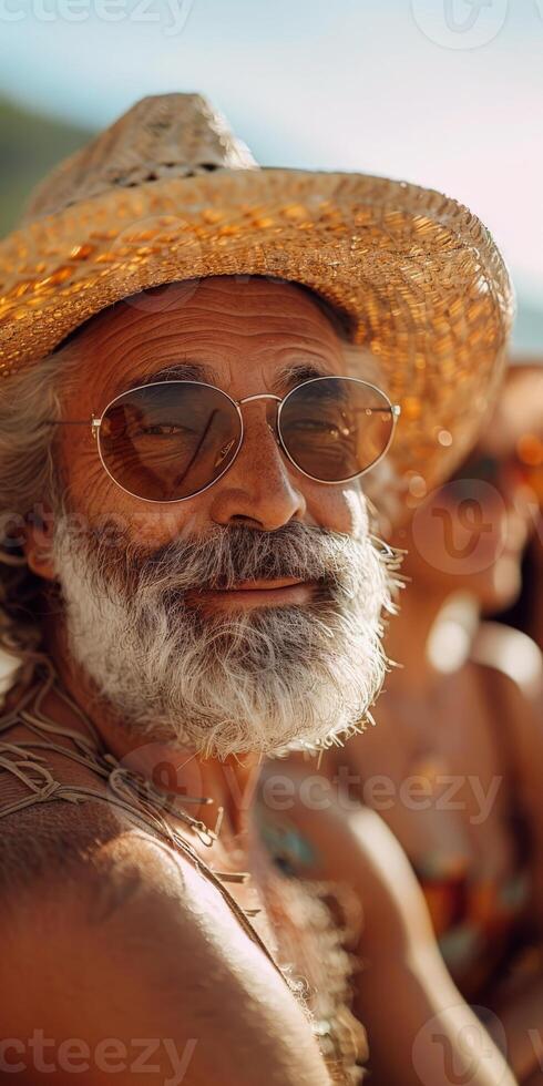 Man in Straw Hat With Beard and Sunglasses photo