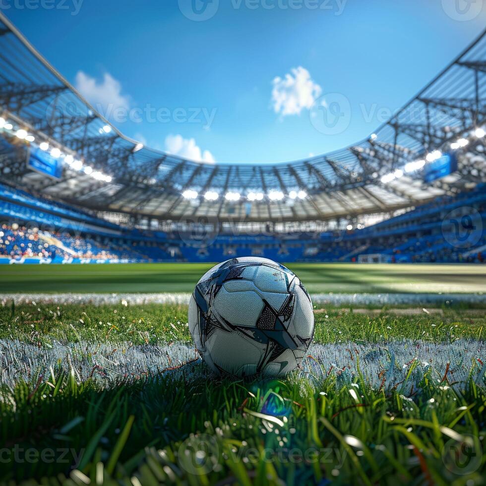Soccer Ball Rests on Grass in Front of Empty Stadium photo