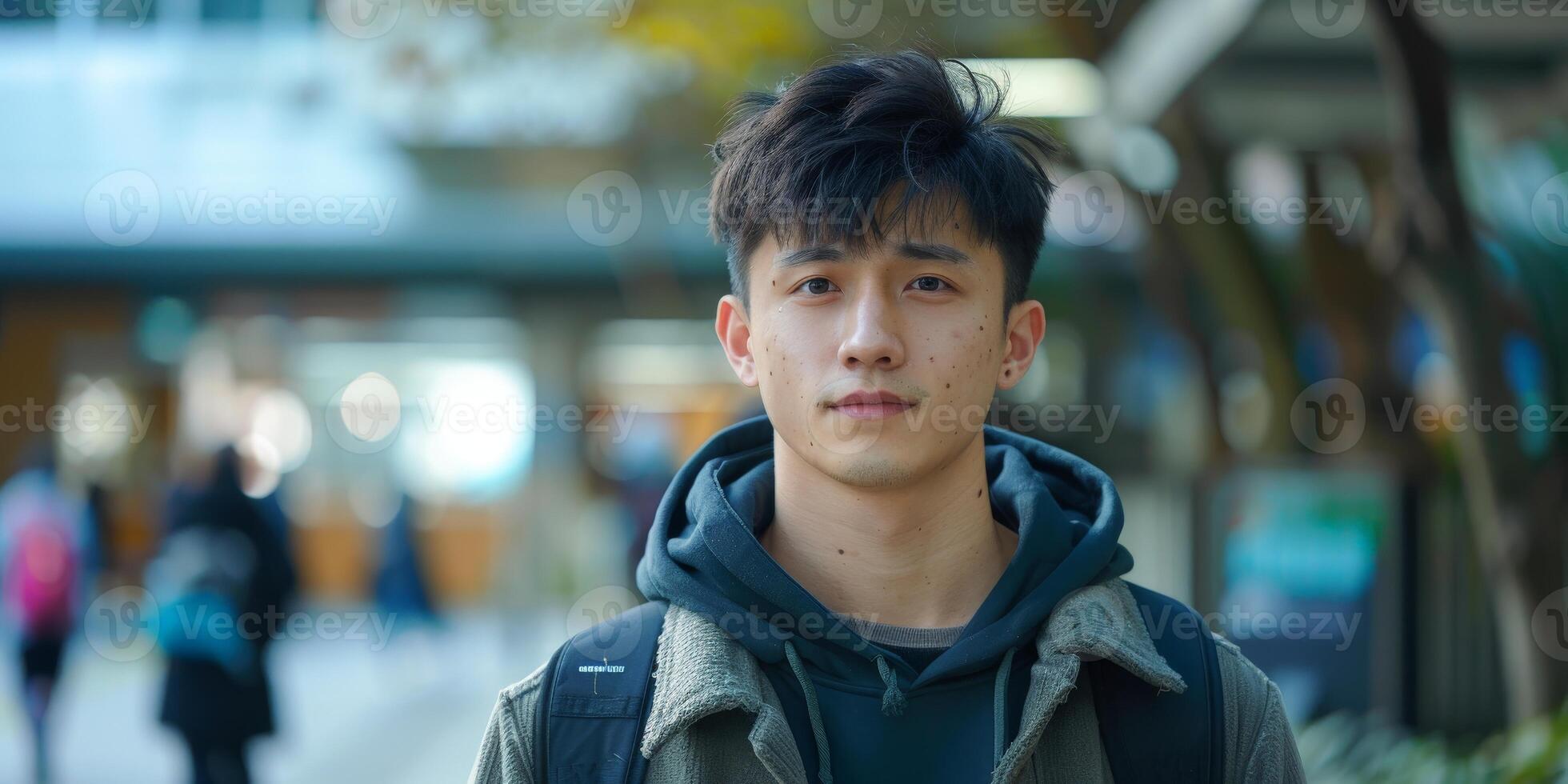 Young Asian Man Wearing Backpack photo