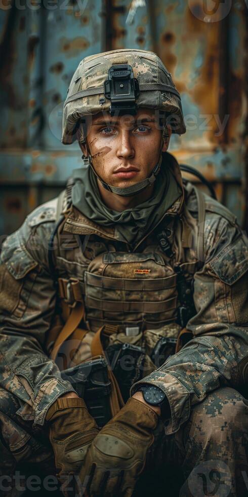 Soldier in Military Uniform Sitting Down photo
