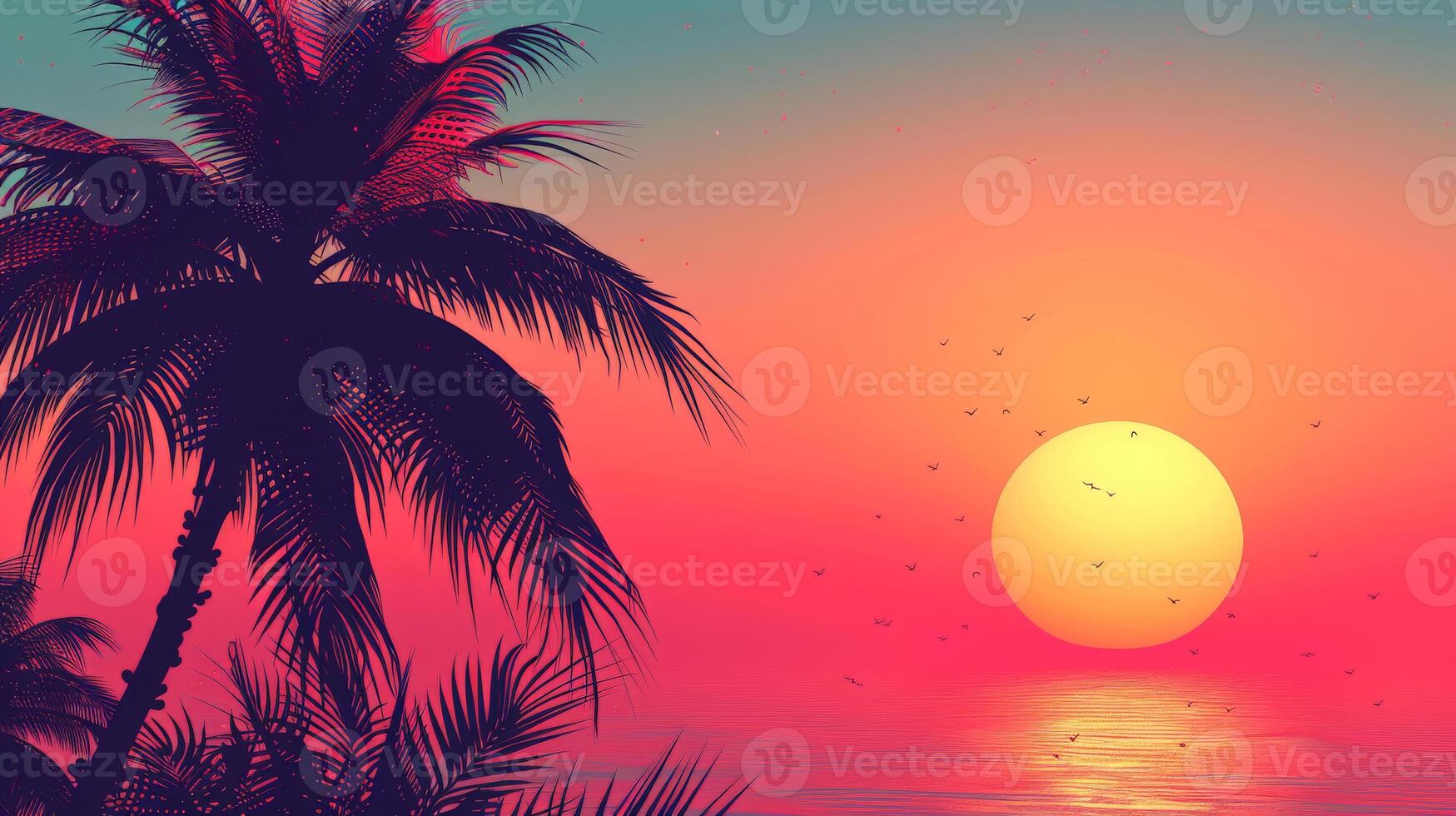 Sun Setting Over Ocean With Palm Trees photo