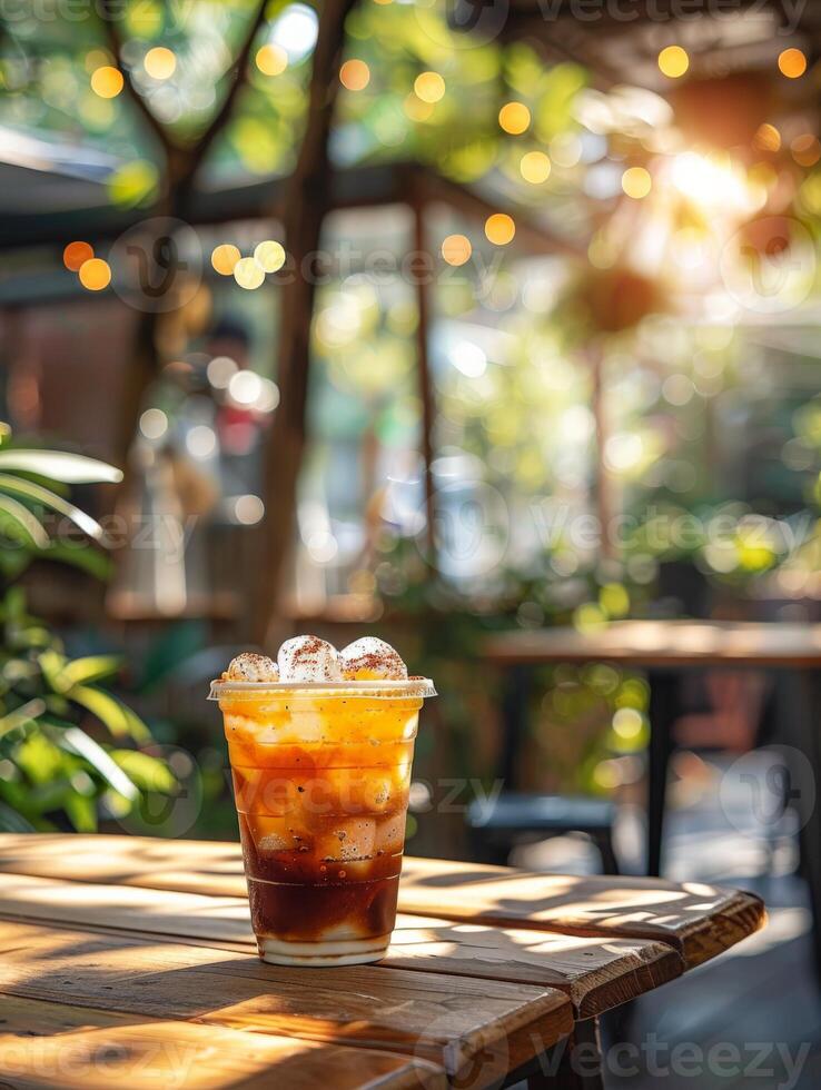 Iced Coffee on Wooden Table photo
