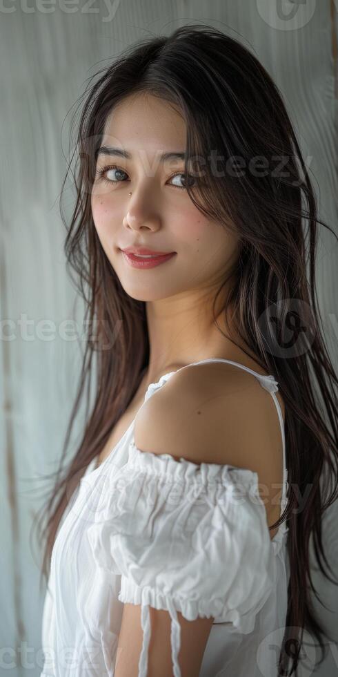 Woman With Long Hair in White Shirt photo