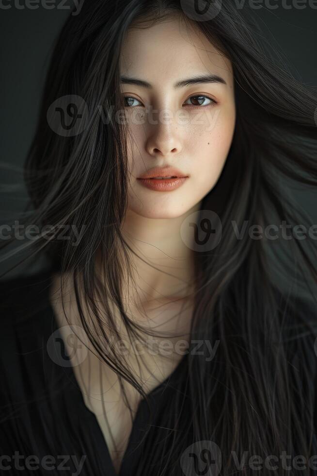 Woman With Long Black Hair in Black Shirt photo