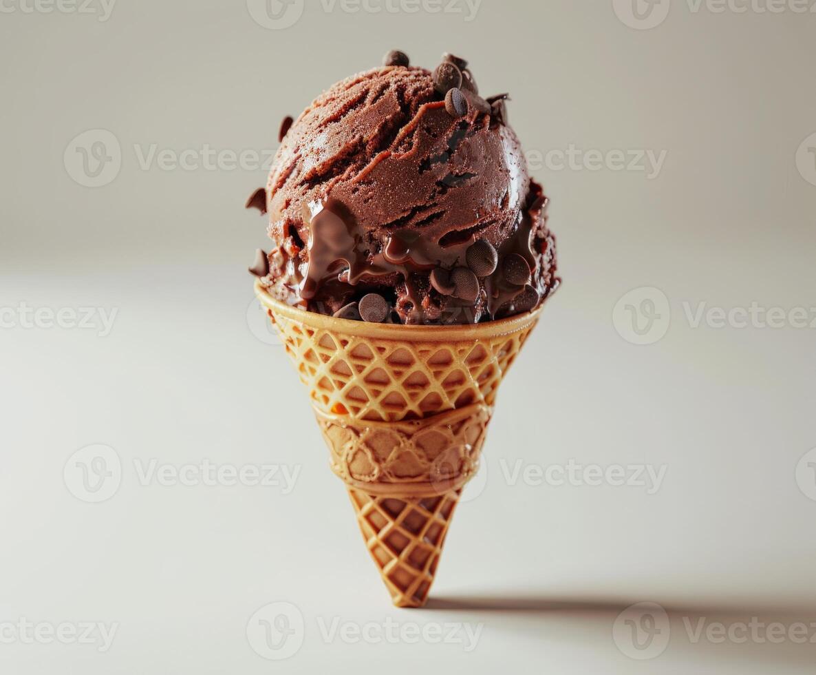 A Scoop of Chocolate Ice Cream in a Waffle Cone photo