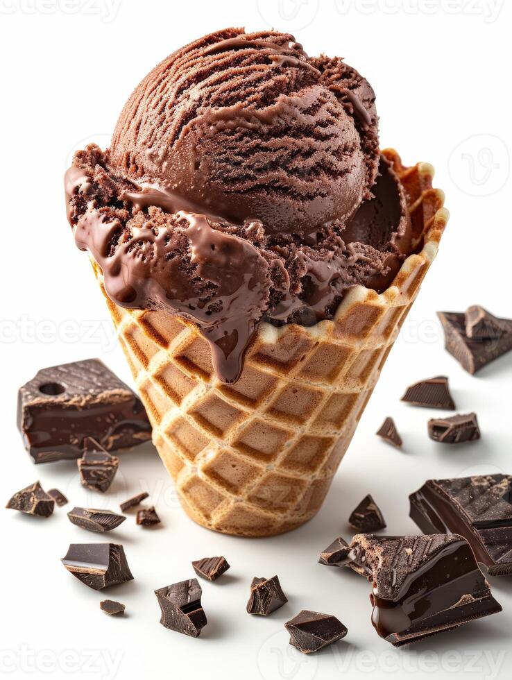 Delicious Chocolate Ice Cream Scoop in Crispy Waffle Cone photo