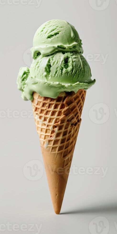 cucharón de verde hielo crema en un cono foto